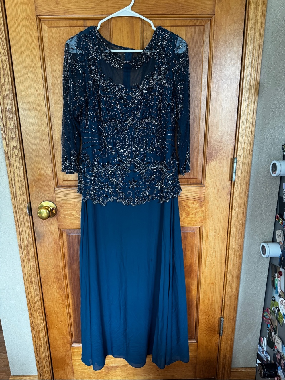 Pisarro Nights Navy Blue Beaded Long Sleeve Evening Gown